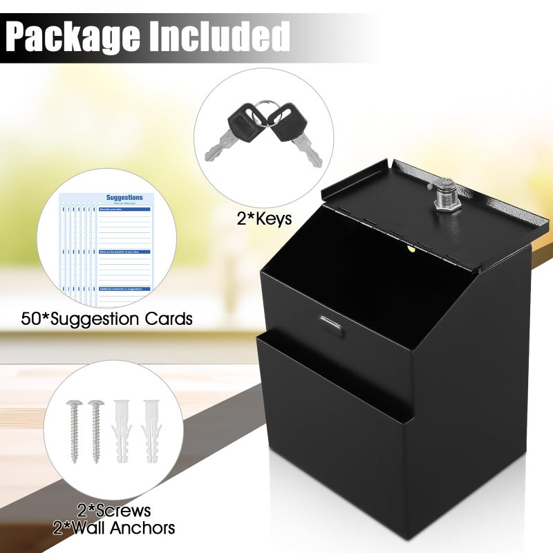 KYODOLED Suggestion Box with Lock and 50 Free Suggestion Cards, Metal Wall Mounted Ballot, Donation and Collection Key Drop Box with Slot & 2 Keys, 8H x 5.7W x 7L Inch, Black - Image 3